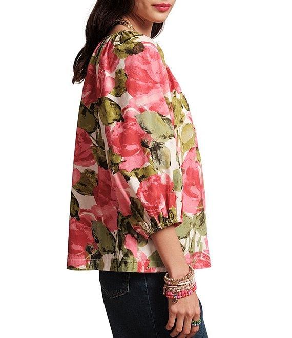 FRANCES VALENTINE Bliss Pretty Peonies Round Neck 3/4 Sleeve Blouse Product Image