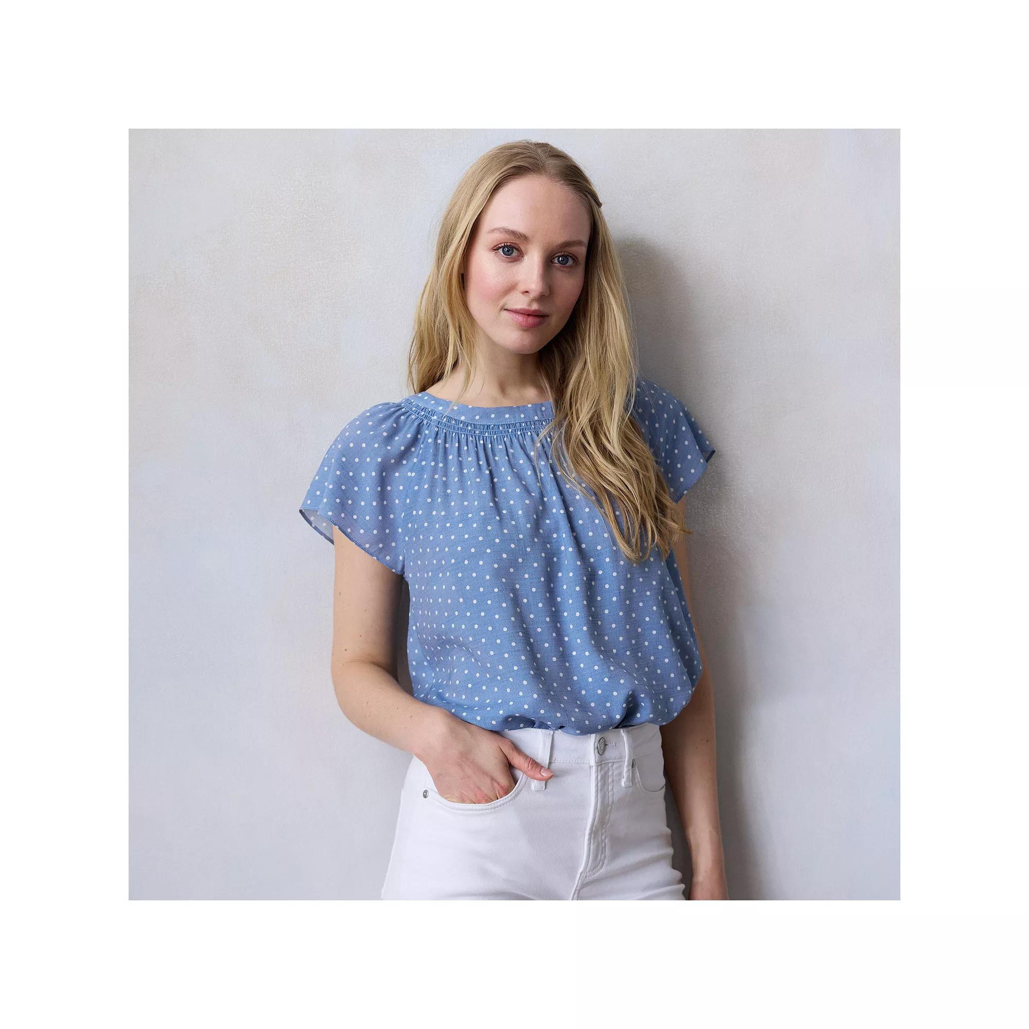 Petite LC Lauren Conrad Tie-Front Shirred Neck Shell Top, Women's, Size: Large Petite, Blue Giddy Dot Product Image