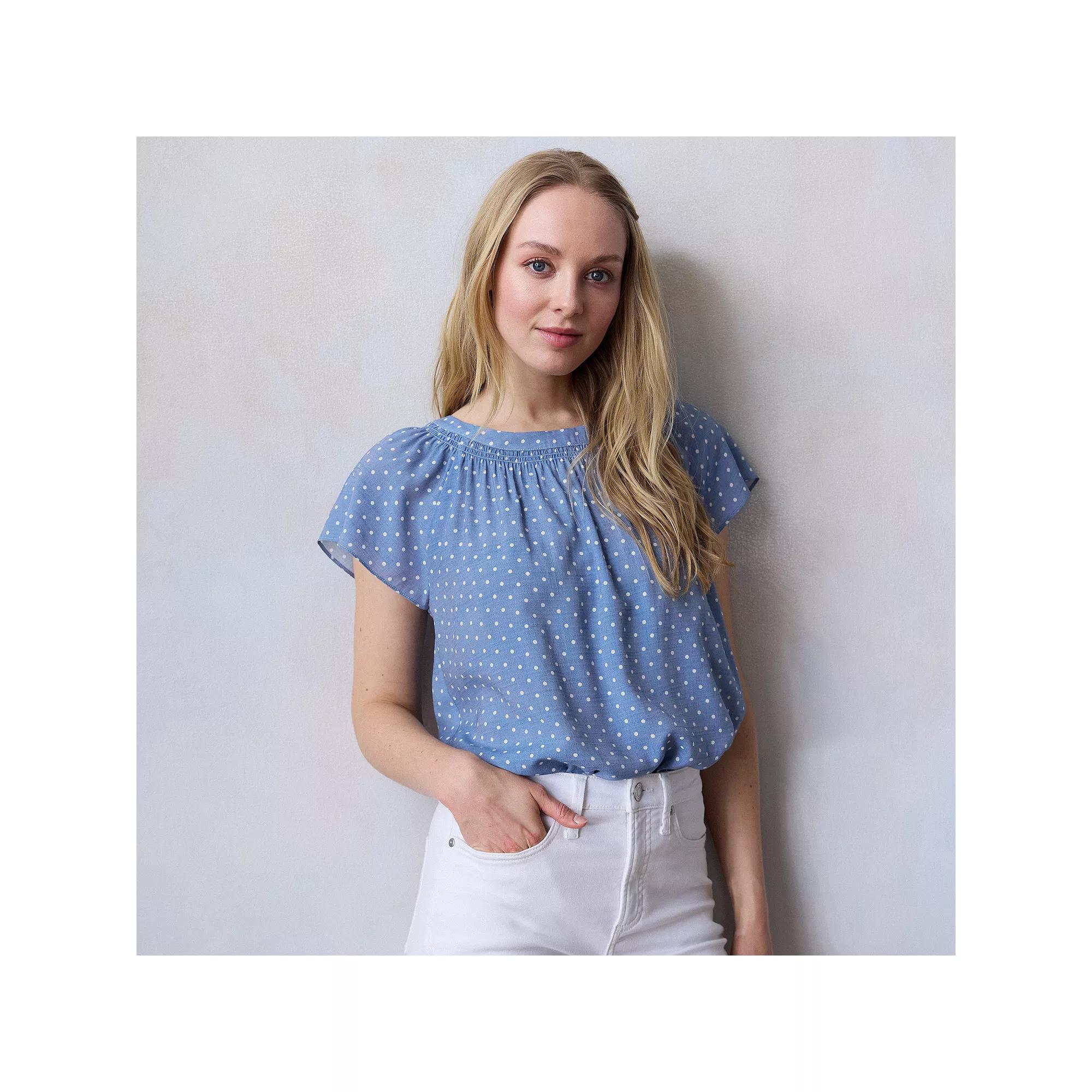 Petite LC Lauren Conrad Tie-Front Shirred Neck Shell Top, Women's, Size: Large Petite, Blue Giddy Dot Product Image