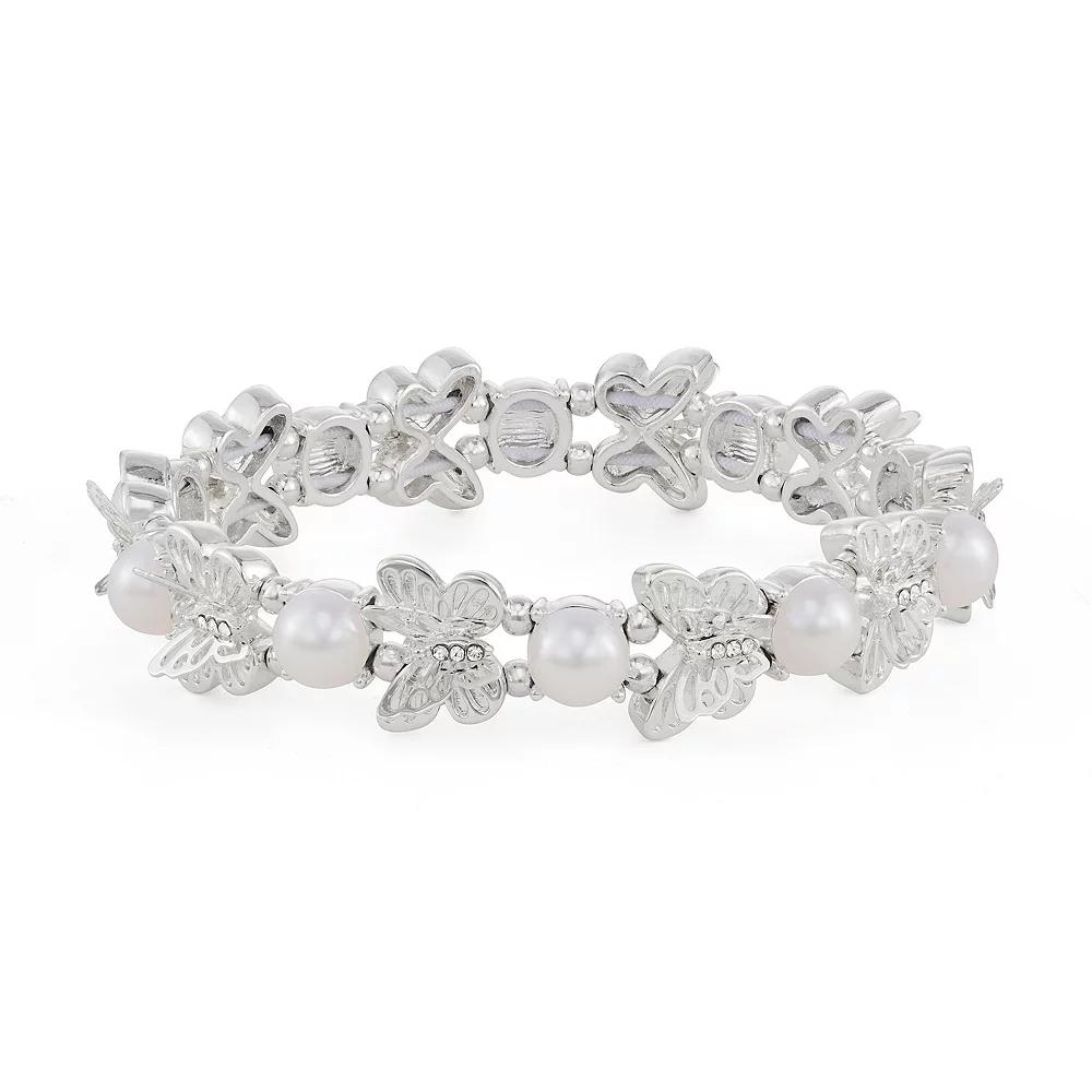 You're Invited Silver Tone Butterfly & Simulated Pearl Stretch Bracelet, Women's, White Product Image