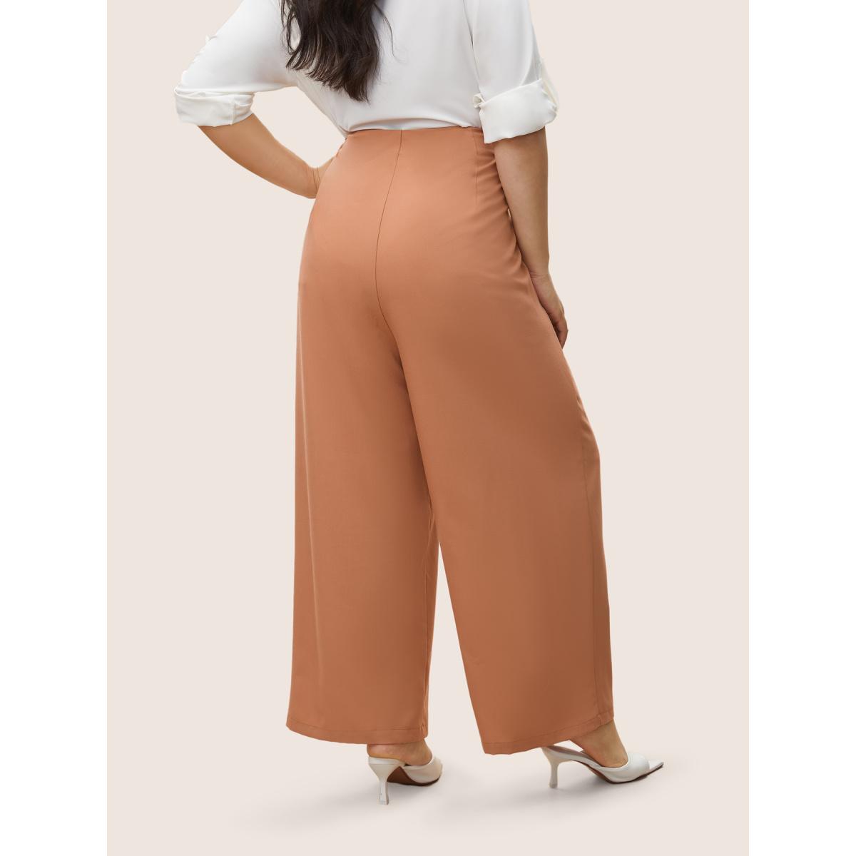 Plus Size Plain Zipper Fly Pleated Wide Leg Pants Women Coral Casual Wide Leg High Rise Everyday Pants BloomChic 30/6X Product Image
