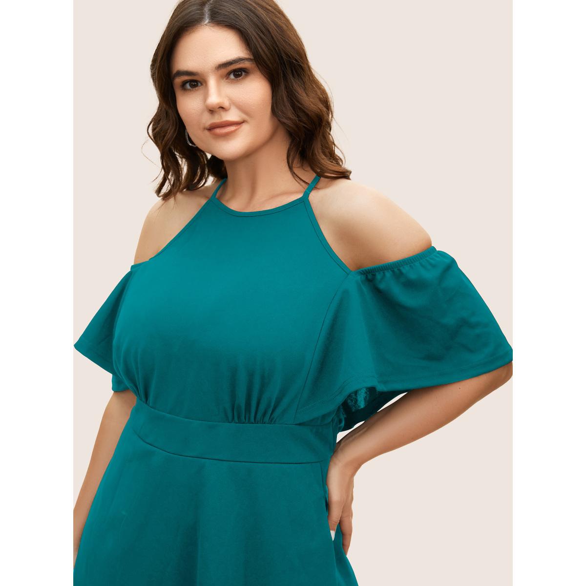 Plus Size Cold Shoulder Flutter Sleeve Midi Dress Teal Women At the Office Gathered Round Neck Short sleeve Curvy BloomChic 26/4X Product Image