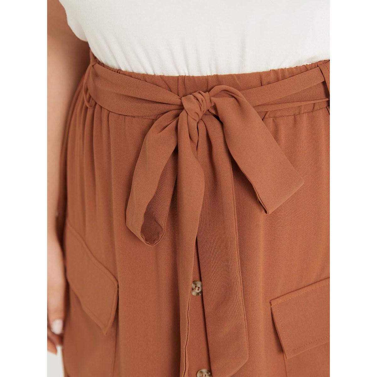 Plus Size Contrast Button Detail Flap Pocket Gathered Skirt Women OrangeRed Elegant Belted No stretch Pocket Dailywear Skirts BloomChic 22-24/3X Product Image