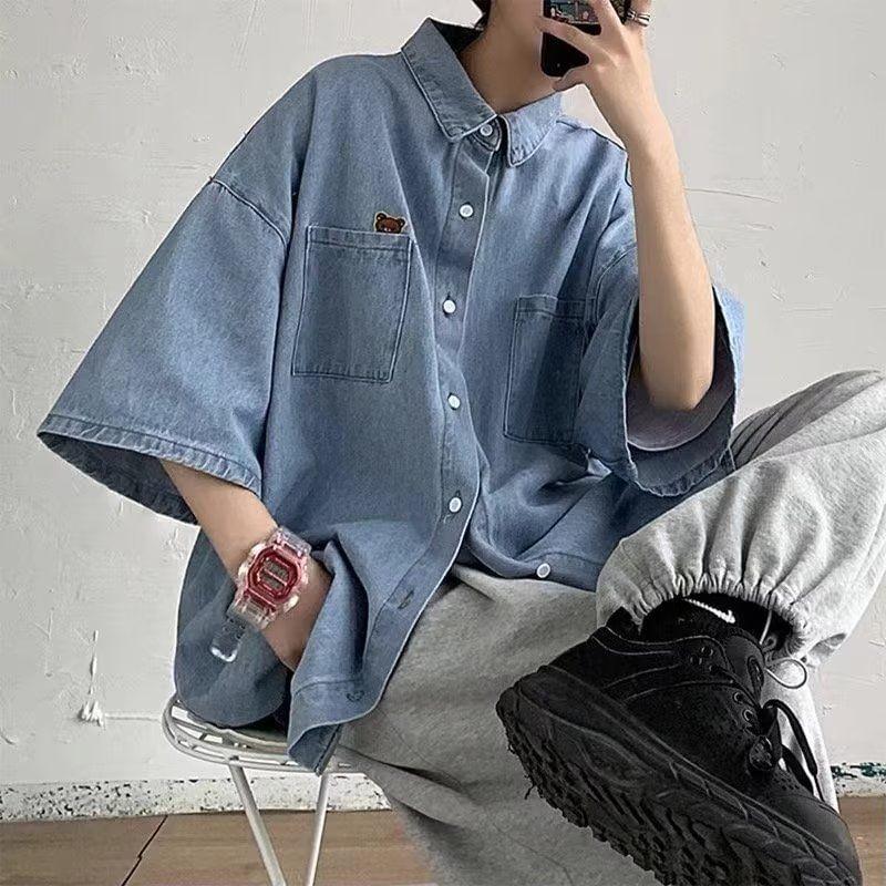 Elbow Sleeve Collared Washed Denim Shirt Product Image