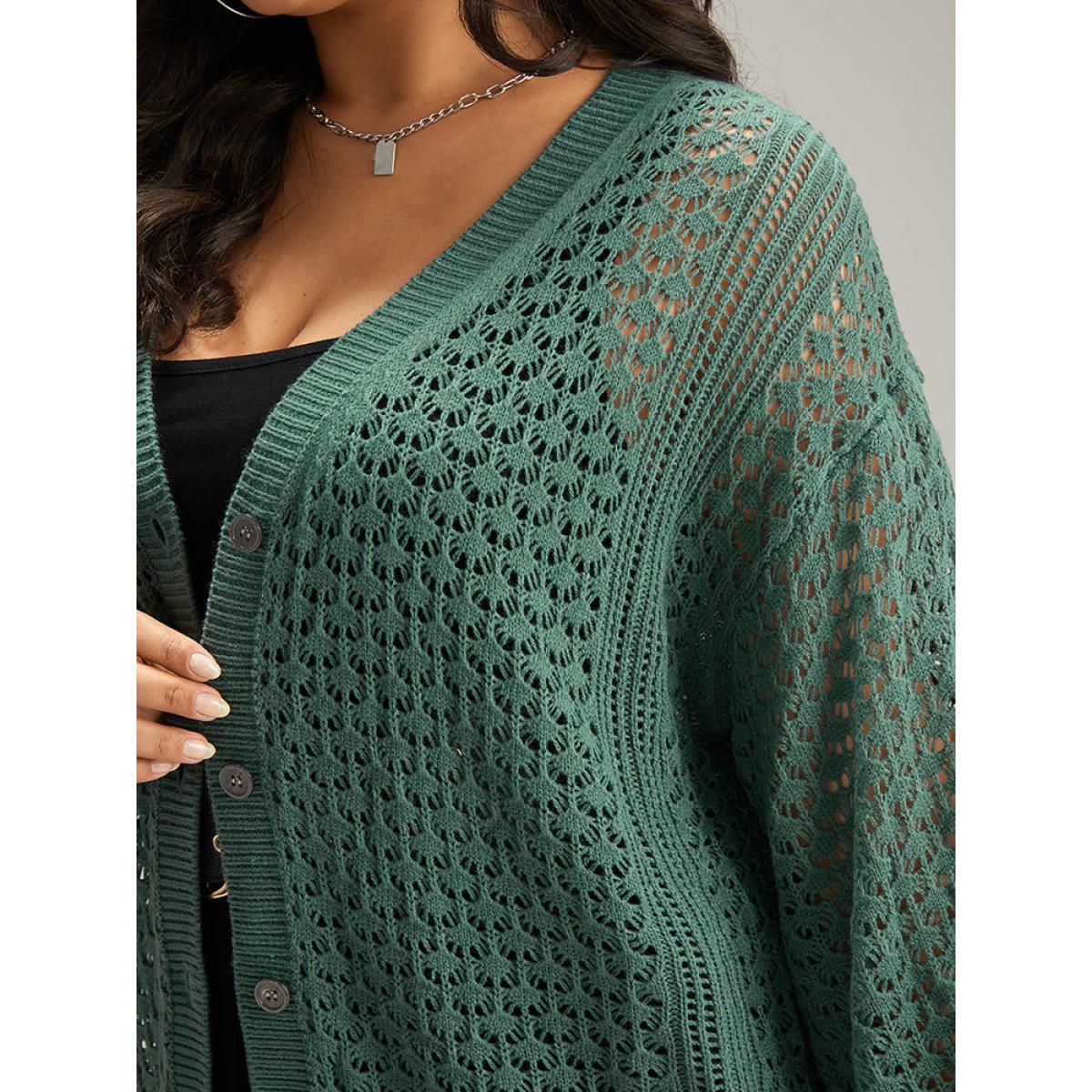 Plus Size Solid Hollow Out Button Through Cardigan Emerald Women Casual Loose Long Sleeve Dailywear Cardigans BloomChic 10/M Product Image