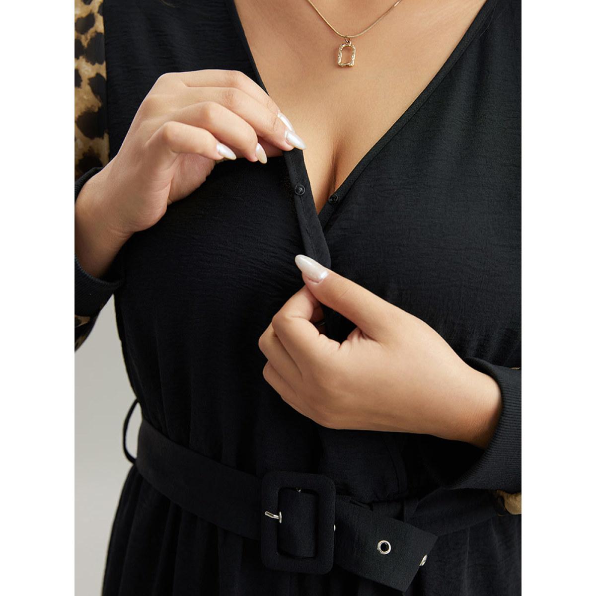 Plus Size Black Leopard Patchwork Wrap Buckle Detail Belted Jumpsuit Women Glamour Long Sleeve V-neck Going out Loose Jumpsuits BloomChic 28/5X Product Image