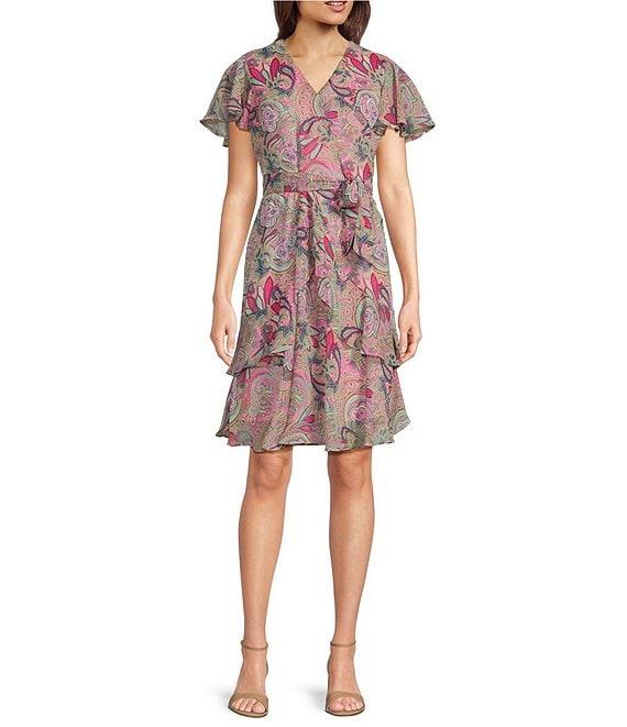 Leslie Fay Paisley Chiffon V-Neck Flutter Sleeve Tie Sash A Line Dress Product Image