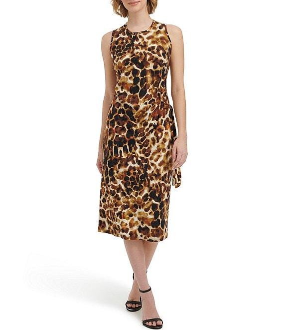 Calvin Klein Printed Crew Neckline Sleeveless Midi Wrap Dress Product Image