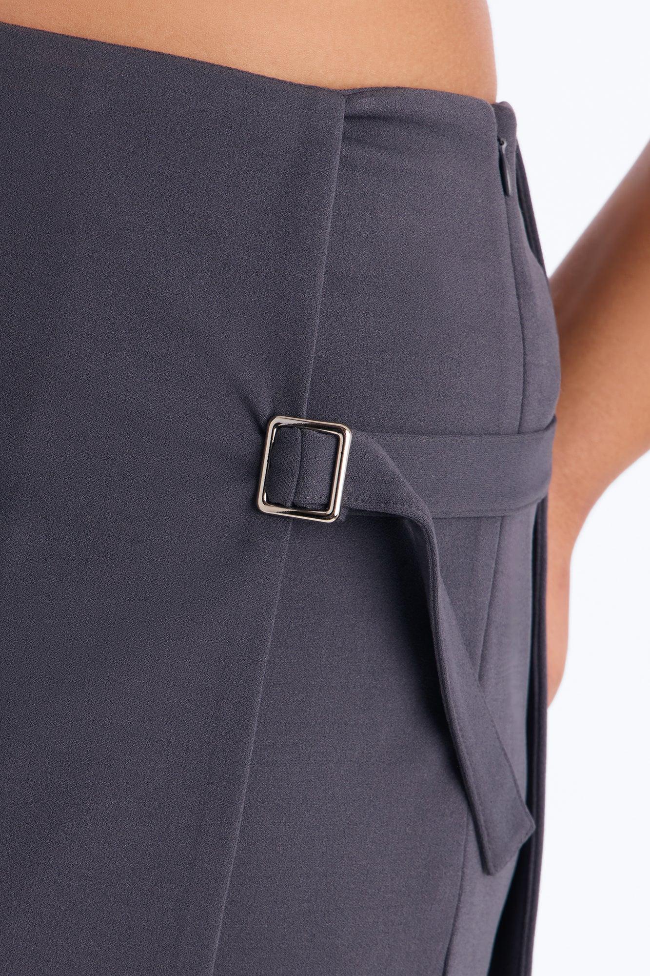 Layered Buckle Waist Mid Rise Flared Pants 33″ - Charcoal Female Product Image