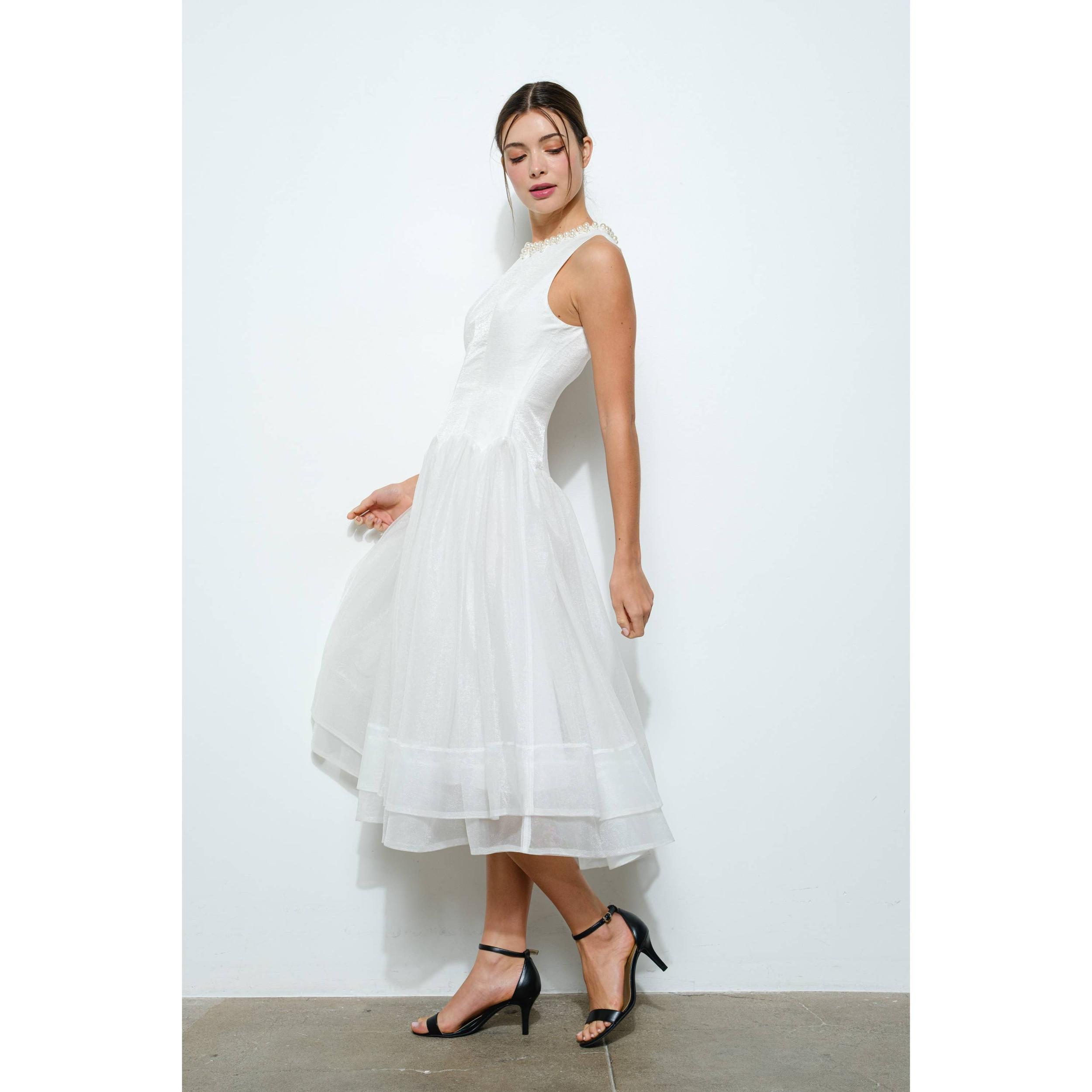 Pearl Embellished Tulle Midi Dress Product Image