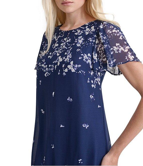DKNY by Donna Karan Woven Floral Print Crew Neck Short Flutter Sleeve Shift Mini Dress Product Image