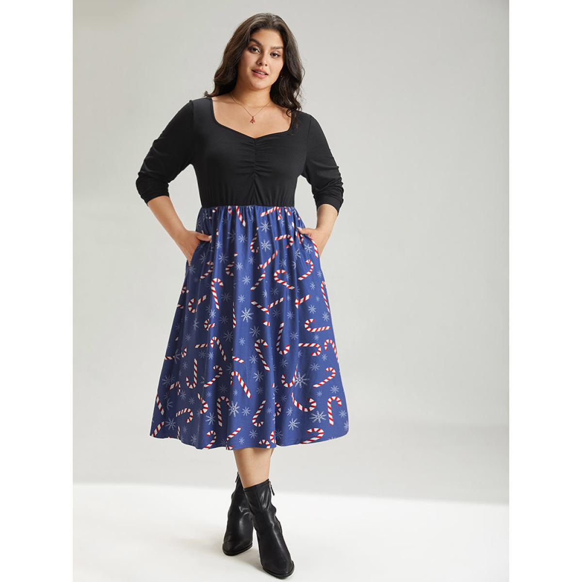 Plus Size Snowflake & Christmas Candy Print Pocket Ruched Dress DarkBlue Women Elegant Gathered Square Neck Long Sleeve Curvy Midi Dress BloomChic 30/6X Product Image