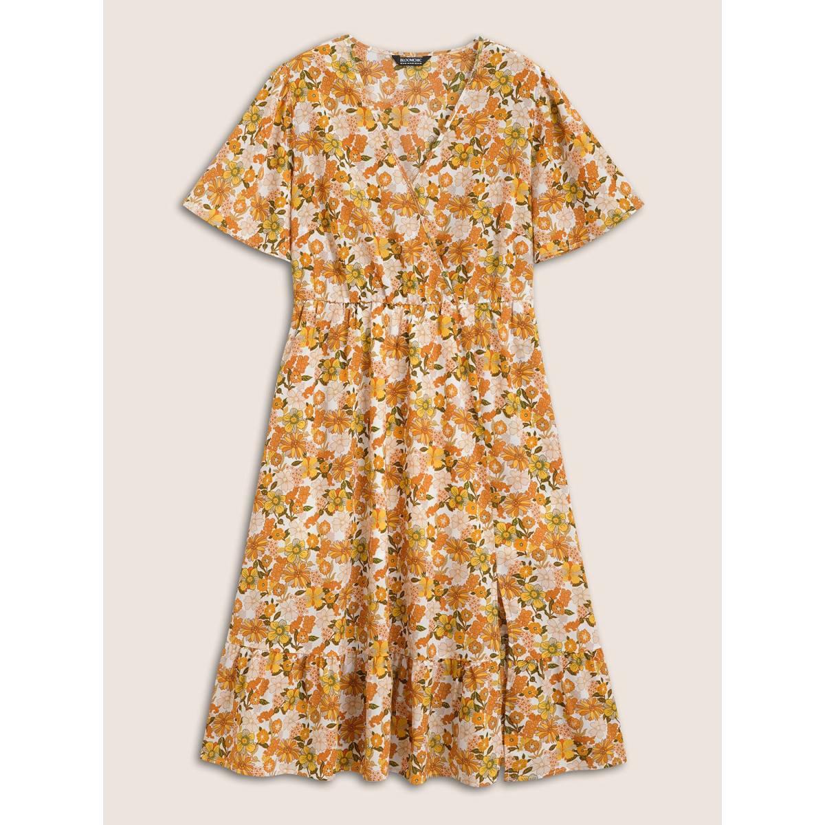 Plus Size Overlap Collar Floral Elastic Waist Midi Dress Multicolor Women Elegant Non Overlap Collar Short sleeve Curvy BloomChic 12/L Product Image