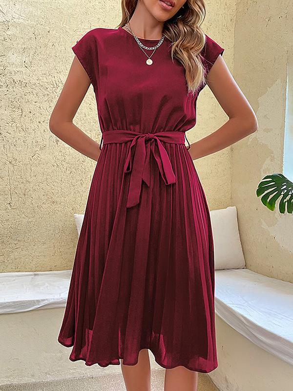 A-Line Loose Pleated Solid Color Tied Waist Round-Neck Midi Dresses Product Image