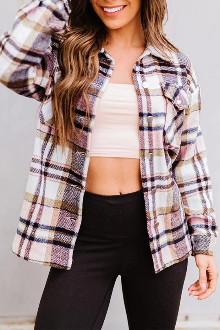 Plaid Print Pocketed Shacket Product Image