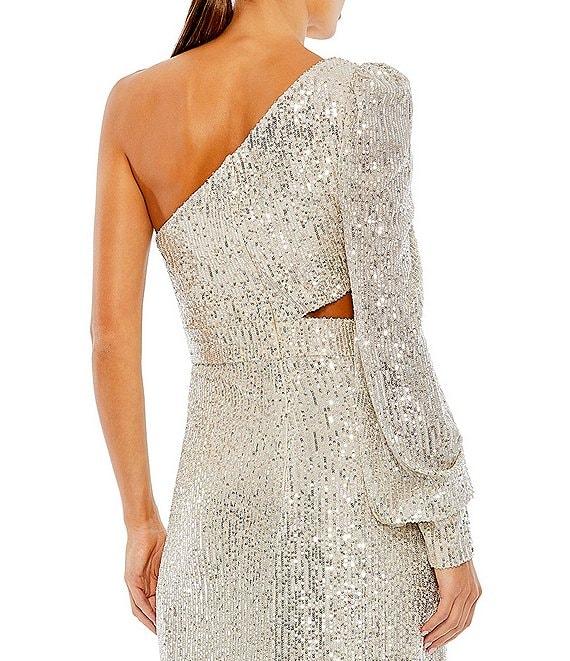 Mac Duggal Sequin Asymmetrical Neck Long Balloon Sleeve Cut Out Side Thigh High Slit Ruffle Hem Gown Product Image