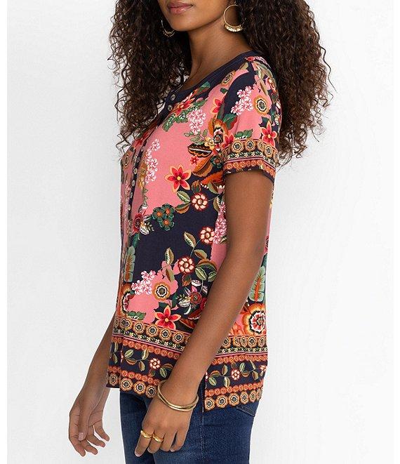 JOHNNY WAS Janie Favorite Knit Jersey Floral Print Crew Neck Short Sleeve Henley Tee Shirt Product Image