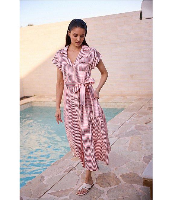 Brave + True Portia Short Sleeve Striped Collared Button Front Midi Shirt Dress Product Image