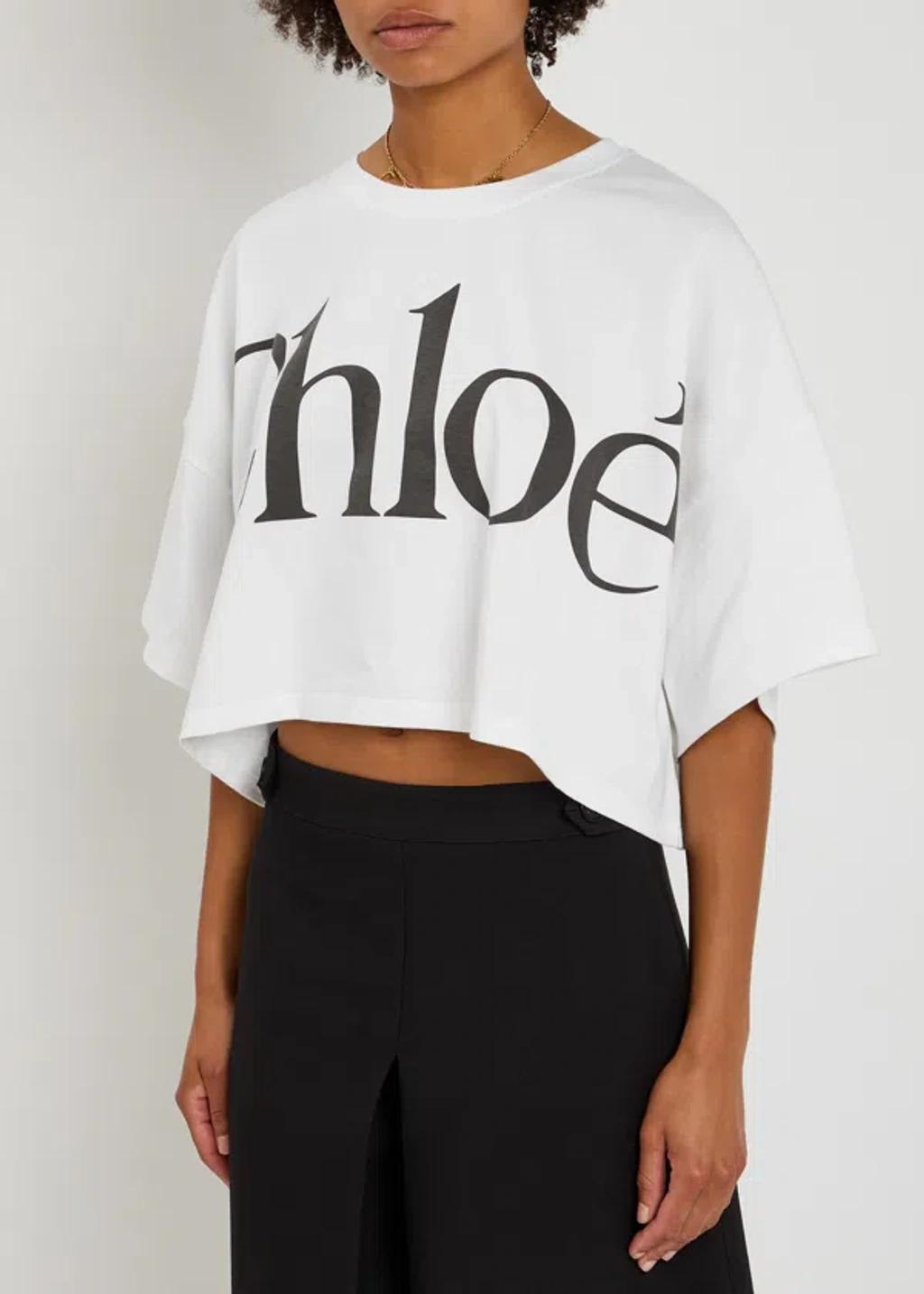 CHLOÉ White Cropped Crewneck T-shirt With Maxi Logo Print On The Front In Cotton Woman In Multicolor Product Image