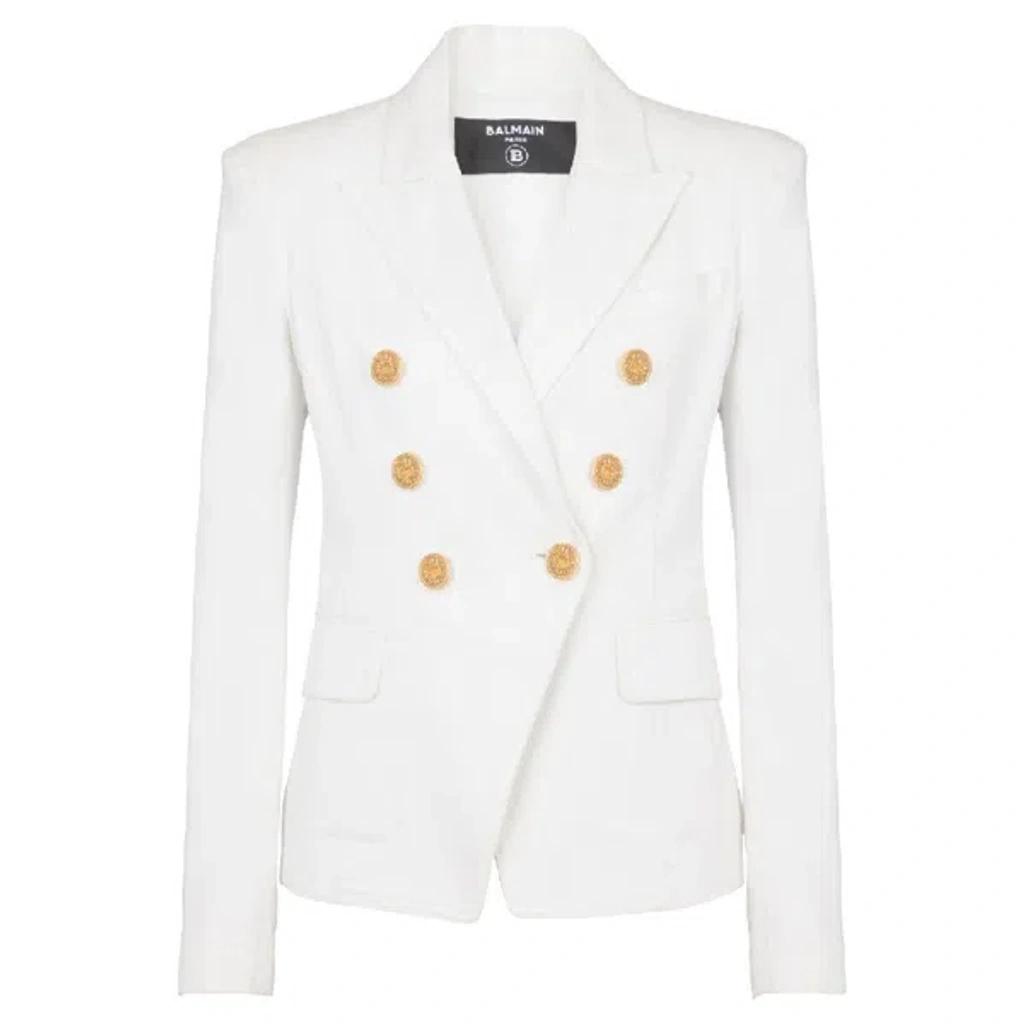 BALMAIN Double-breasted Structured Denim Blazer With Peak Lapel In White Product Image
