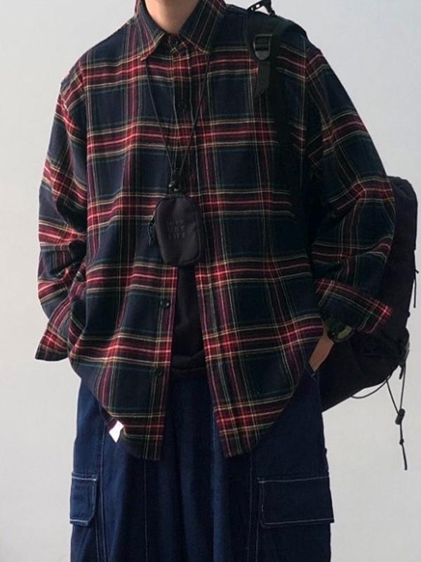 Men's Vintage Plaid Print Long Sleeve Blouse Product Image