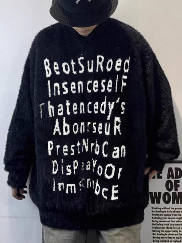 Men's Plush Letter Jacquard Baggy Sweater Product Image