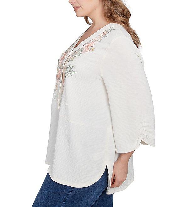 Ruby Rd. Plus Size Woven Embroidery Floral V-Neck 3/4 Sleeve Gauze Top Product Image
