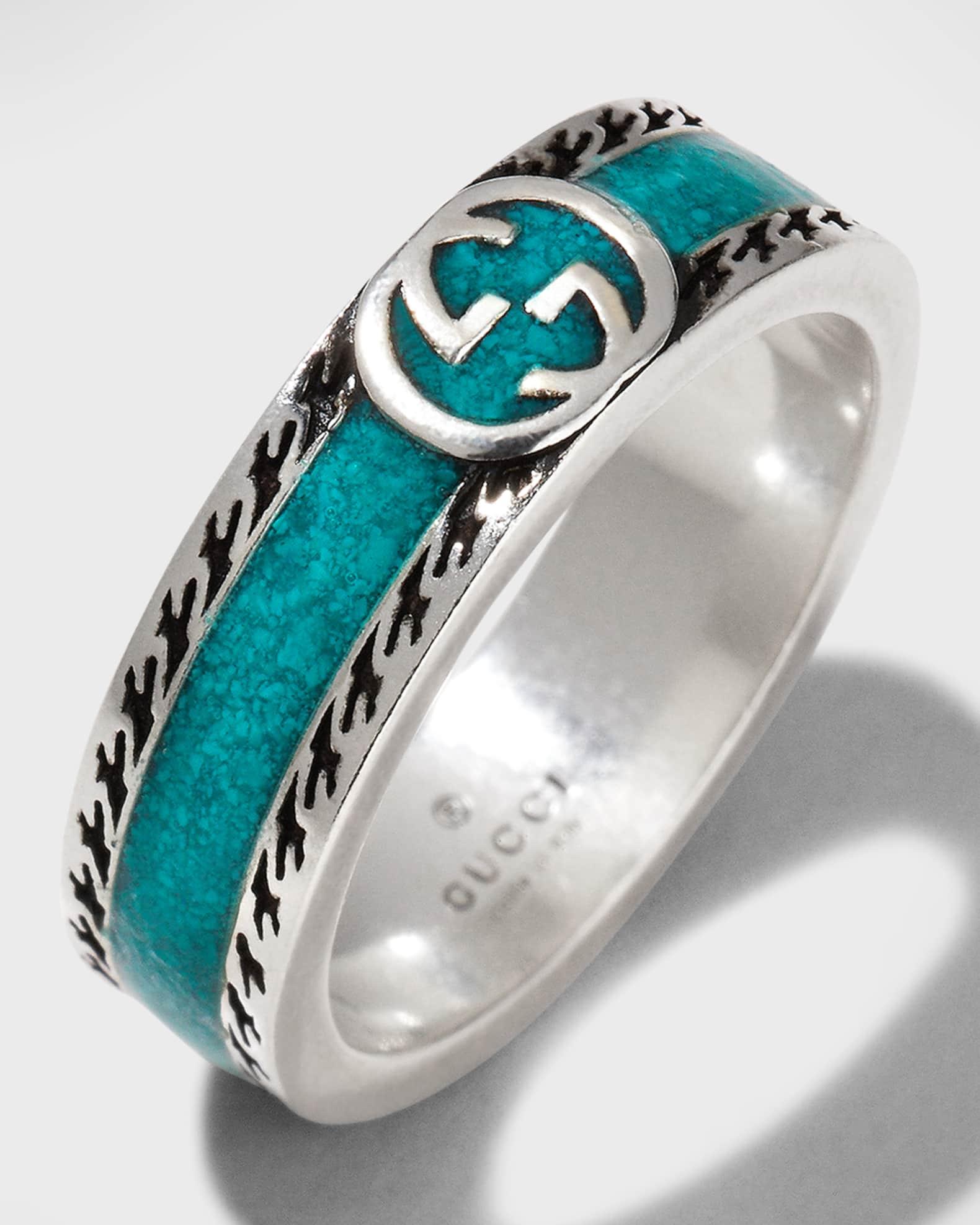 Men's Interlocking G Silver & Enamel Band Ring Product Image
