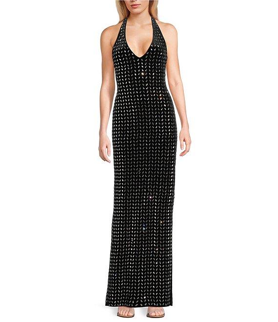 B. Darlin Velvet Rhinestone V-Neck Halter Dress Product Image
