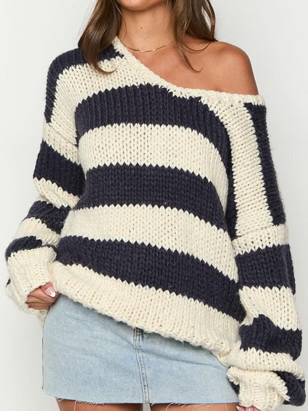 Off The Shoulder Striped Print Oversized Sweaters Product Image