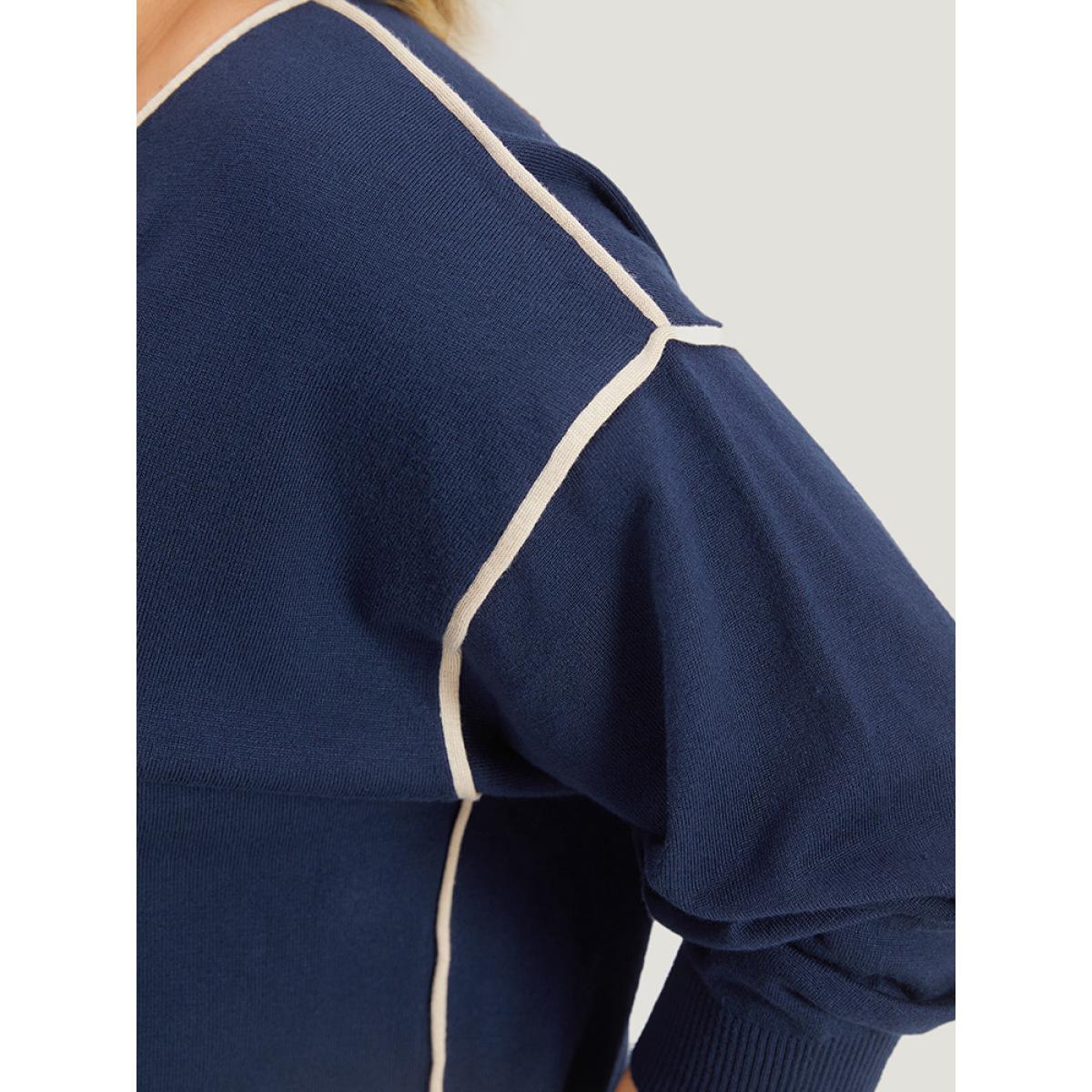 Plus Size Supersoft Essentials Contrast Trim Drop Shoulder Pullover Navy Women Casual Loose Long Sleeve V-neck Dailywear Pullovers BloomChic 18-20/2X Product Image