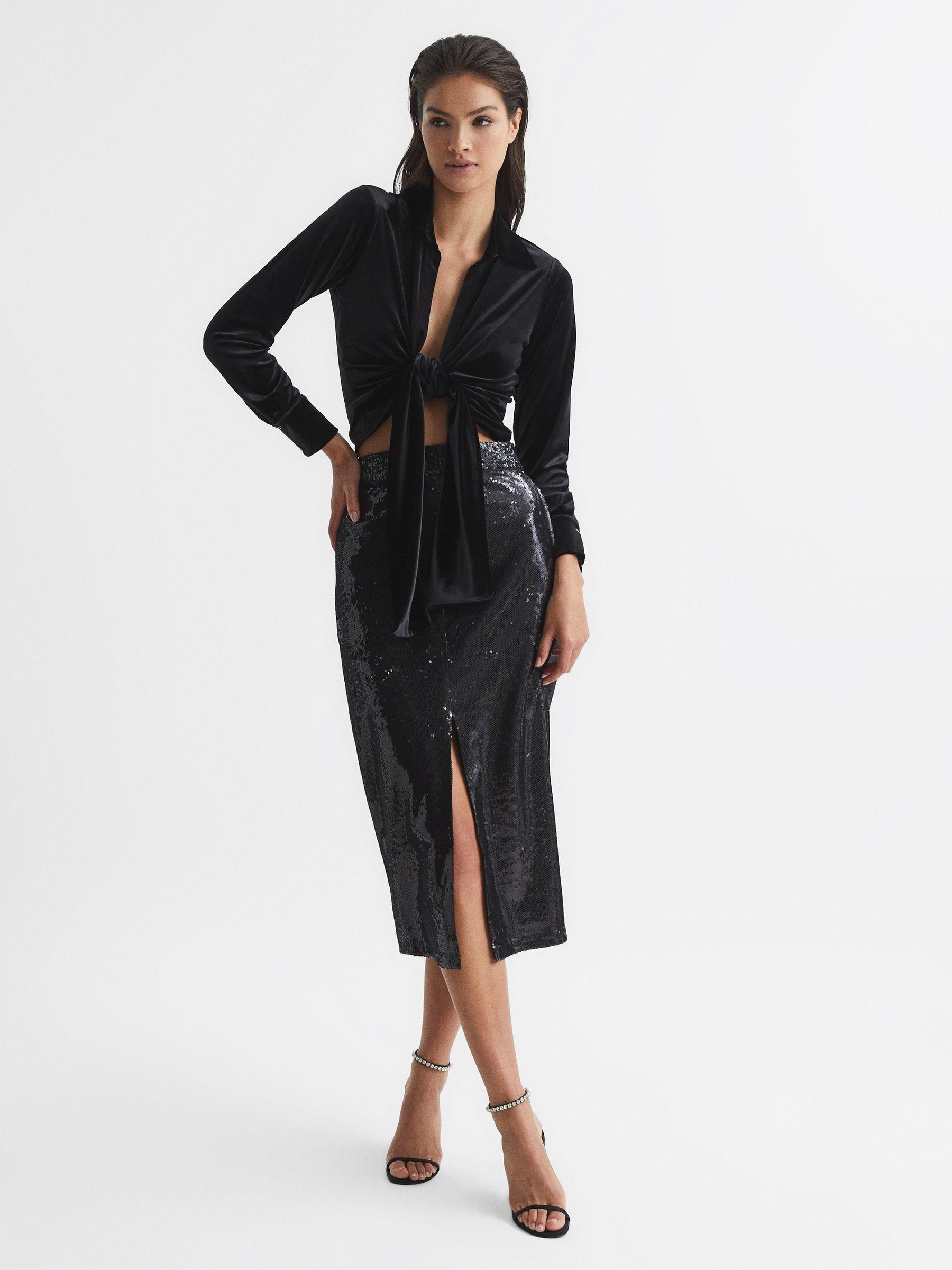 Tie-Front Velvet Crop Top in Black Product Image