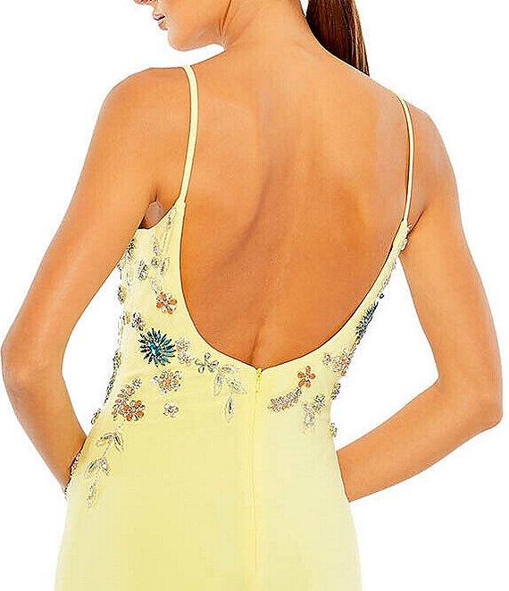 Mac Duggal Multi Color Floral Beaded V-Neck Sleeveless Open Back Detail Thigh High Slit Gown Product Image