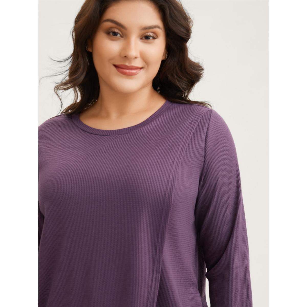 Plus Size Solid Waffle Knit Overlap Hem T-shirt Eggplant Women Leisure Overlapping Round Neck Casual T-shirts BloomChic 22-24/3X Product Image