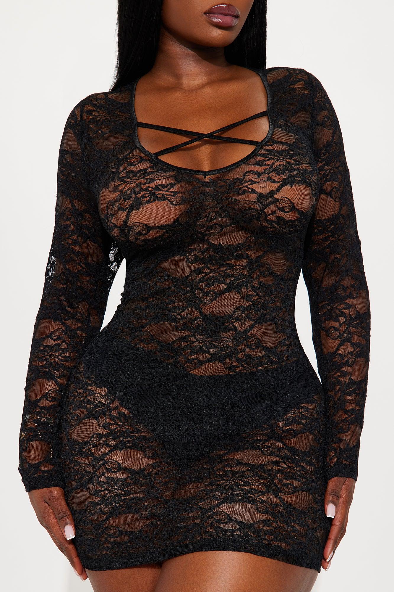 Lynn Scoop Neck Long Sleeve Lace Chemise  - Black Female Product Image