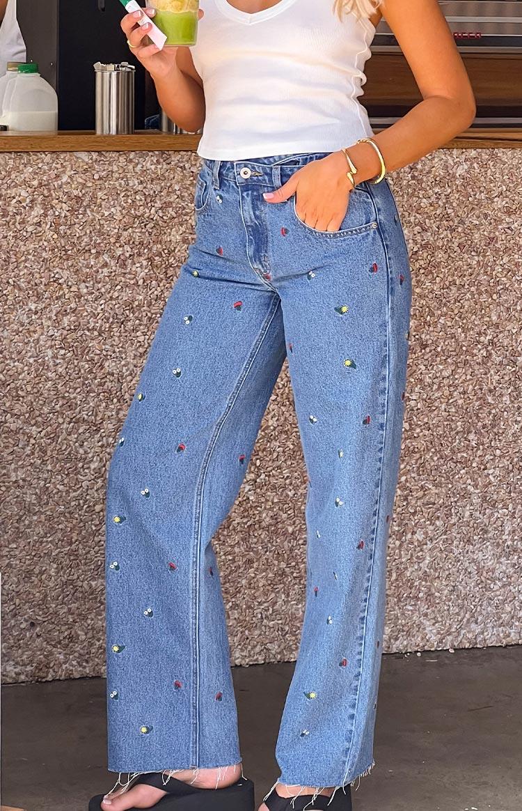 Kansis Blue Embroidered Uneven Waist Jeans Baby Product Image