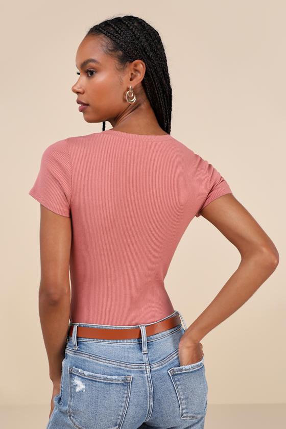 Versatile Pick Rusty Rose Ribbed Knit Short Sleeve Bodysuit Product Image