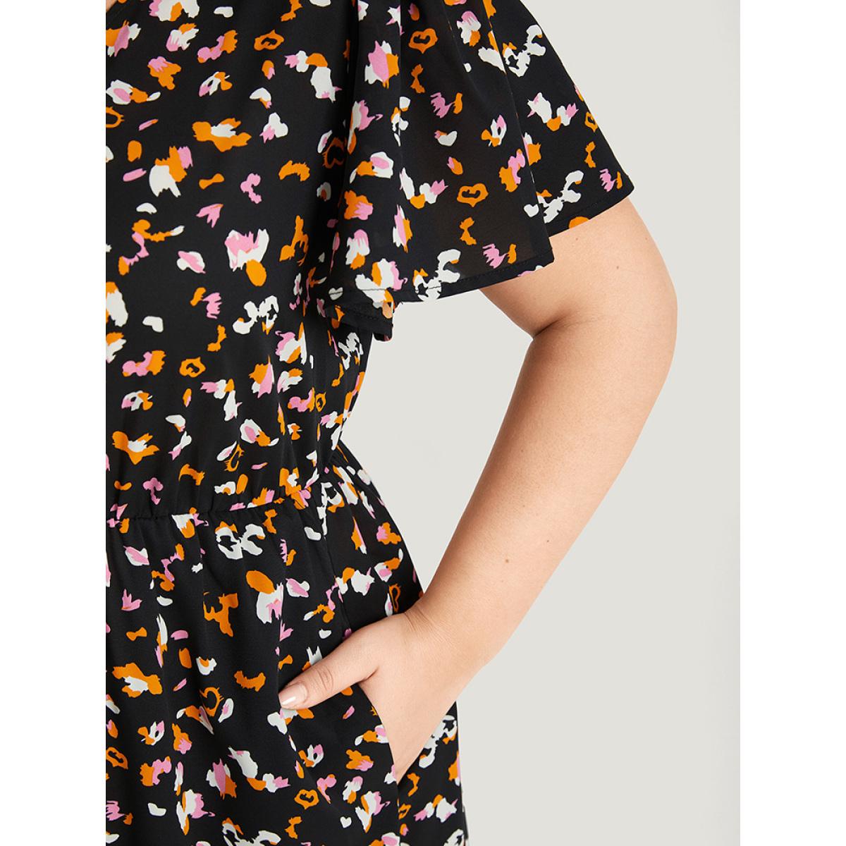 Plus Size Colour Leopard Print Wrap Elastic Waist Ruffle Hem Dress Black Women Elegant Elastic Waist V-neck Short sleeve Curvy Midi Dress BloomChic 22-24/3X Product Image