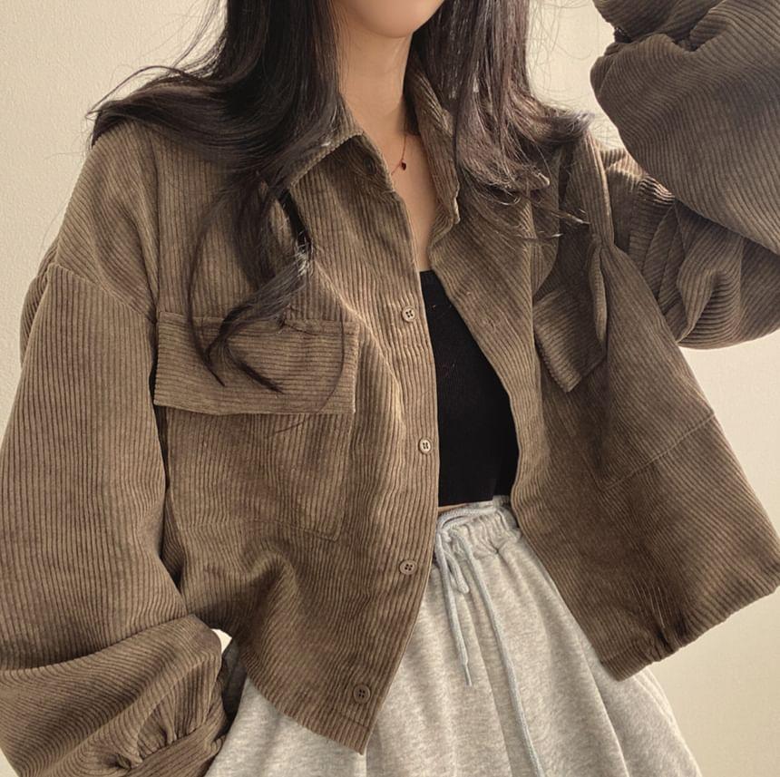 Plain Corduroy Loose-Fit Crop Shirt Jacket Product Image