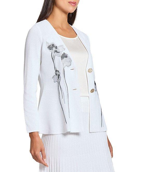 MISOOK Knit Floral Embroidery V-Neck Long Sleeve Peplum Jacket Product Image