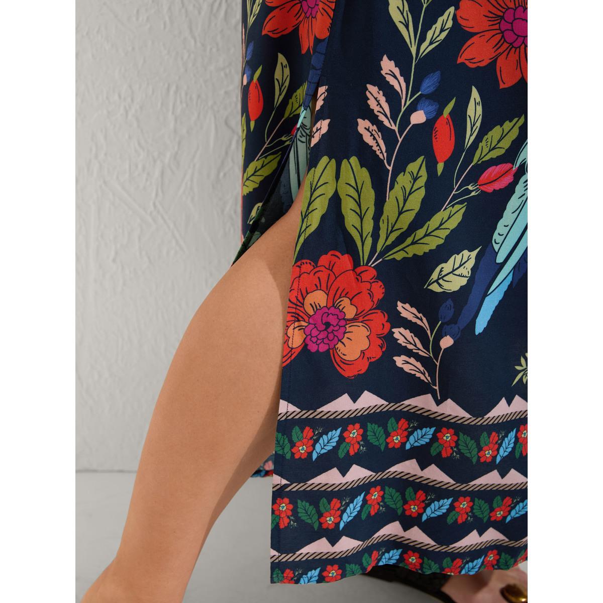 Plus Size Rayon Colorful Floral Split Side Midi Dress Navy Women Overlap Collar Short sleeve Curvy BloomChic 18-20/2X Product Image