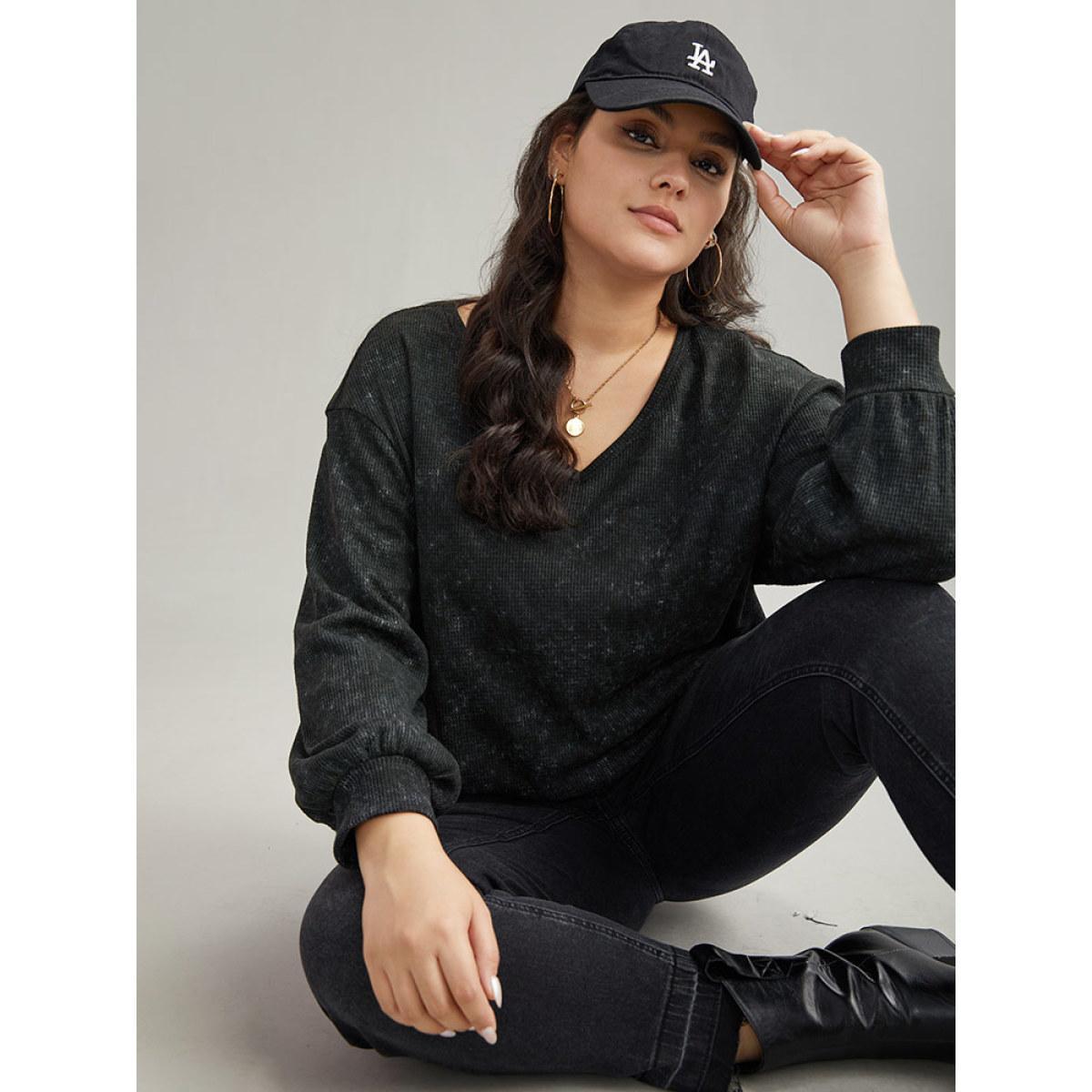 Plus Size Waffle Knit Heather V Neck T-shirt Black Women Casual Waffle Knit Plain V-neck Everyday T-shirts BloomChic 26/4X Product Image