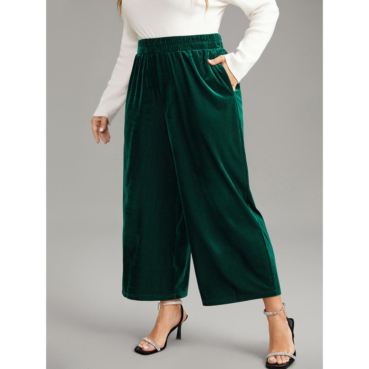 Plus Size Solid Textured Velvet Elastic Waist Gathered Pants Women DarkGreen Glamour Wide Leg High Rise Going out Pants BloomChic 12/L Product Image