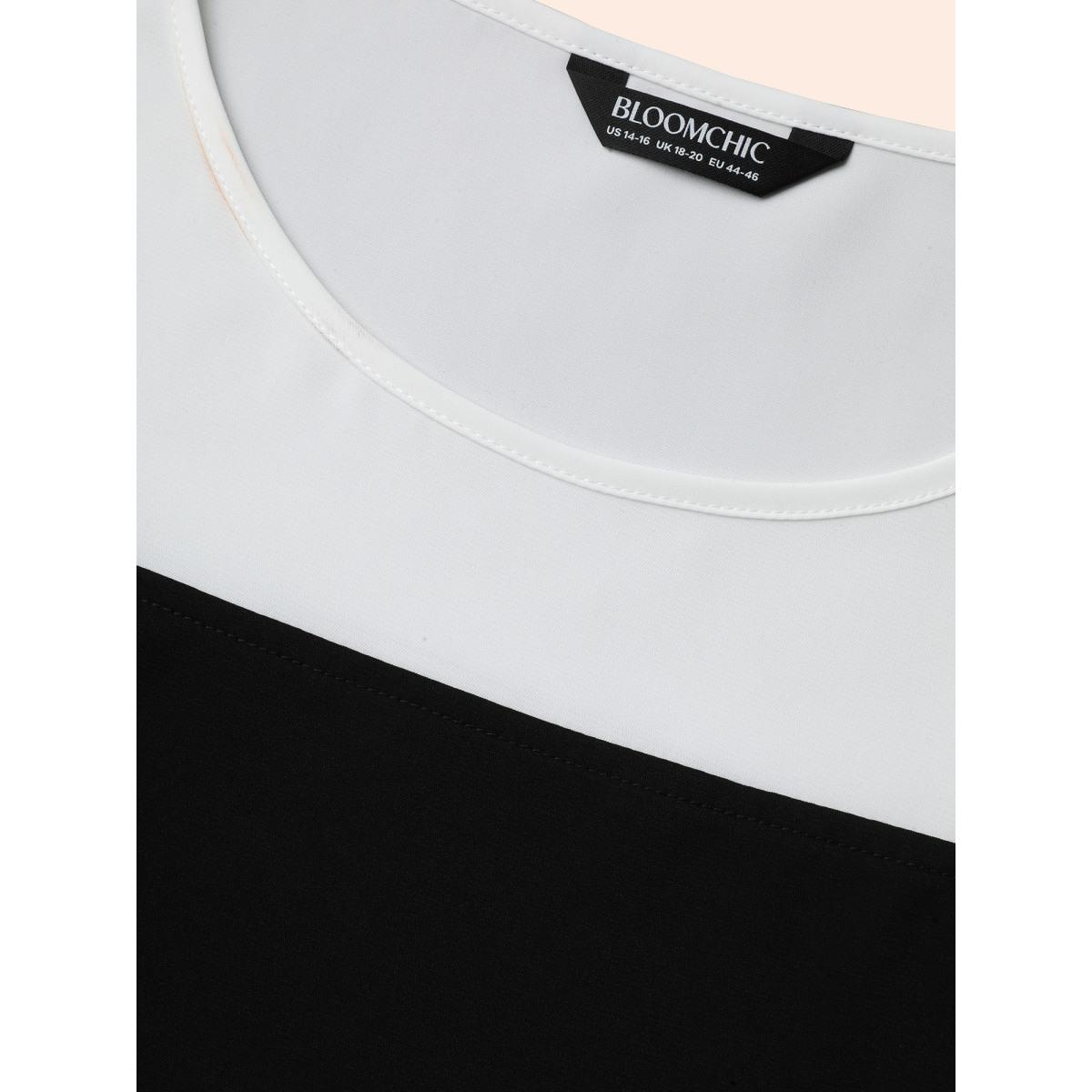 Plus Size Black Color-Block Off-Shoulder Pleated Blouse Women Elegant Elbow-length sleeve Round Neck Everyday Blouses BloomChic 26/4X Product Image