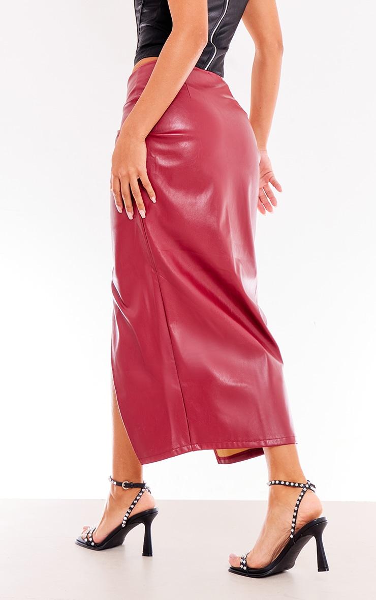 Burgundy Faux Leather Twist Detail Front Midi Skirt Product Image
