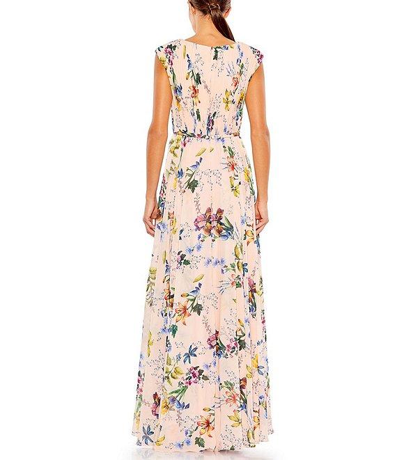 Mac Duggal V-Neck Shirred Bodice Floral Chiffon A-Line Gown Product Image