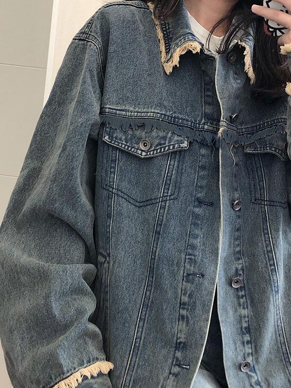 Vintage Denim Raw Edge Embellished Jacket Product Image