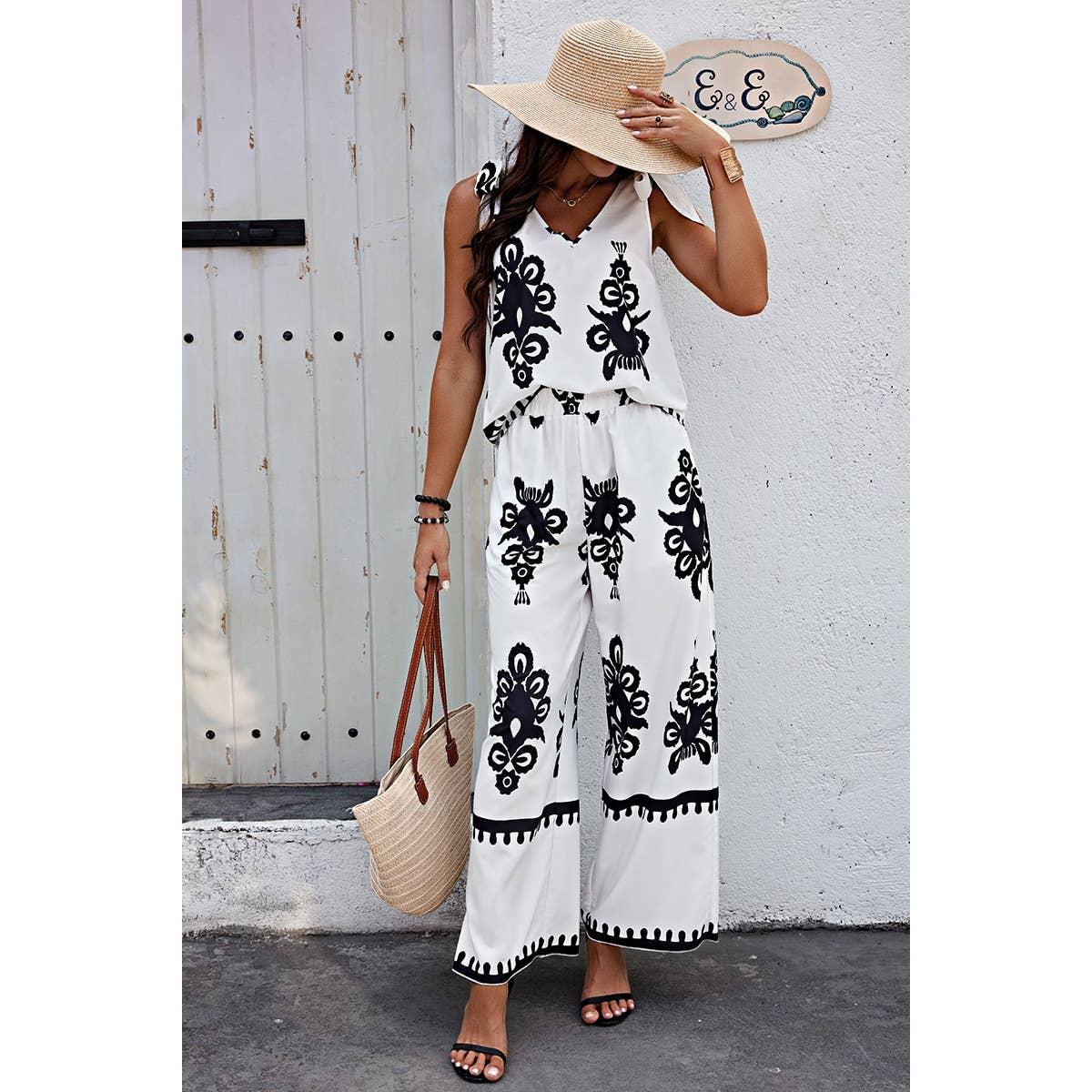 Floral Knot Shoulder Sleeveless Elastic Waist Sets Product Image