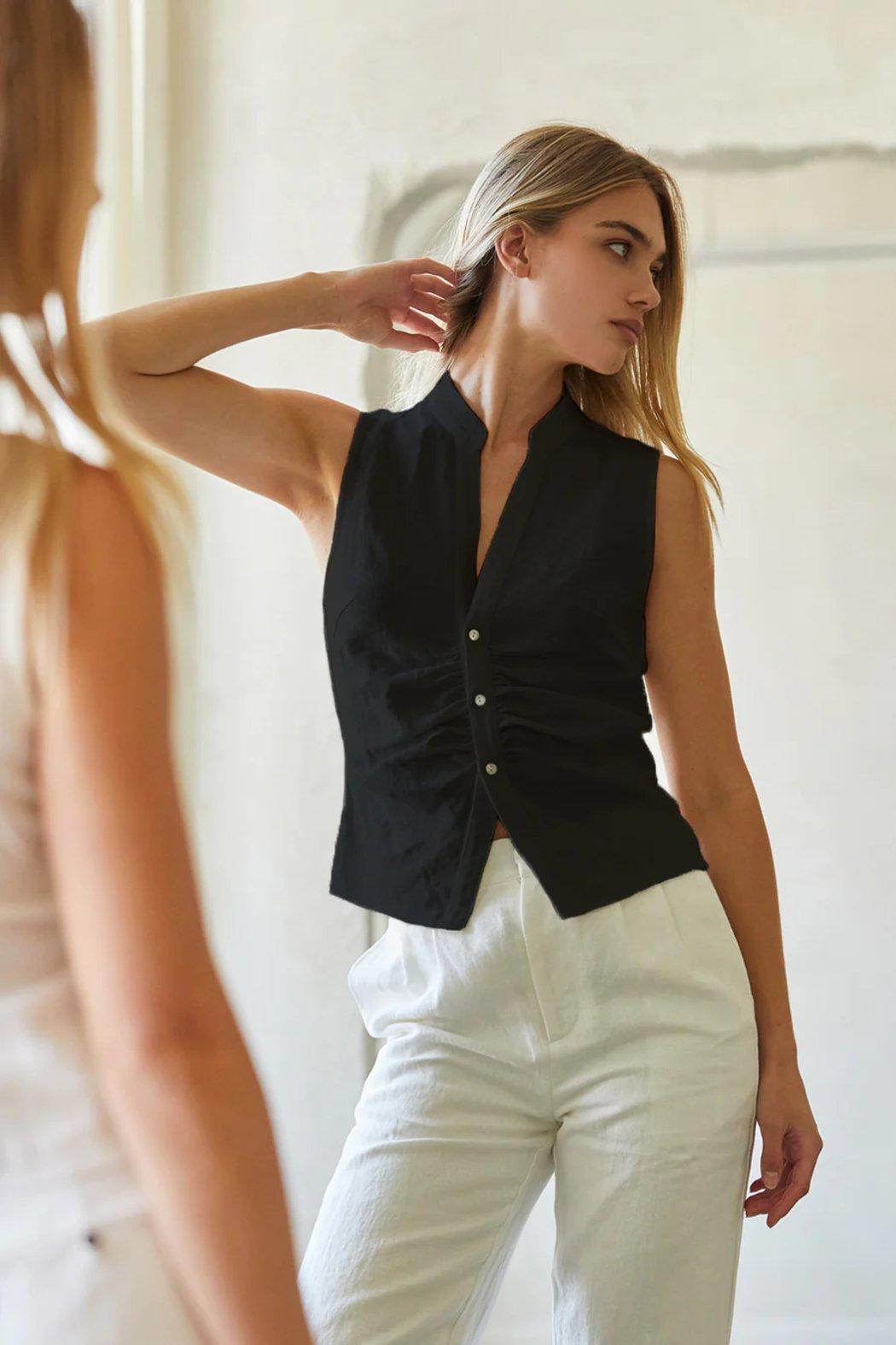 Jaylin Sleeveless Mandarin Collar Linen Blouse Product Image