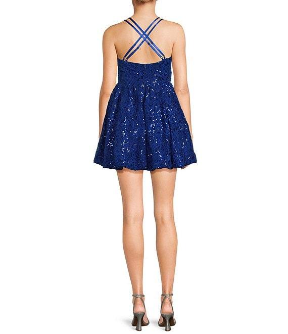 Honey and Rosie Sequined Mesh Lace Criss Cross Back Bubble Hem Dress Product Image